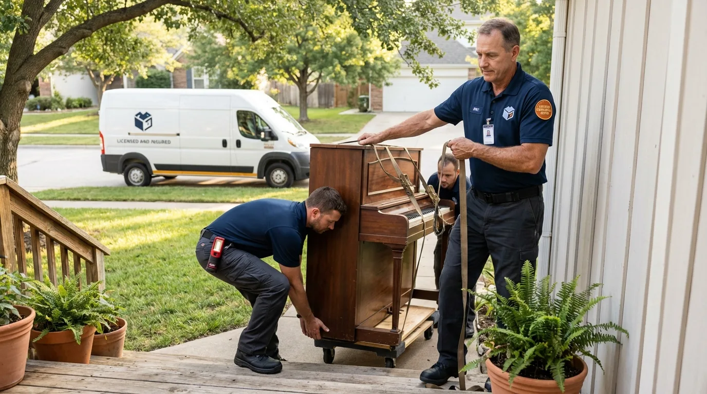 Licensed piano movers securing grand piano in Anchor Point, AK