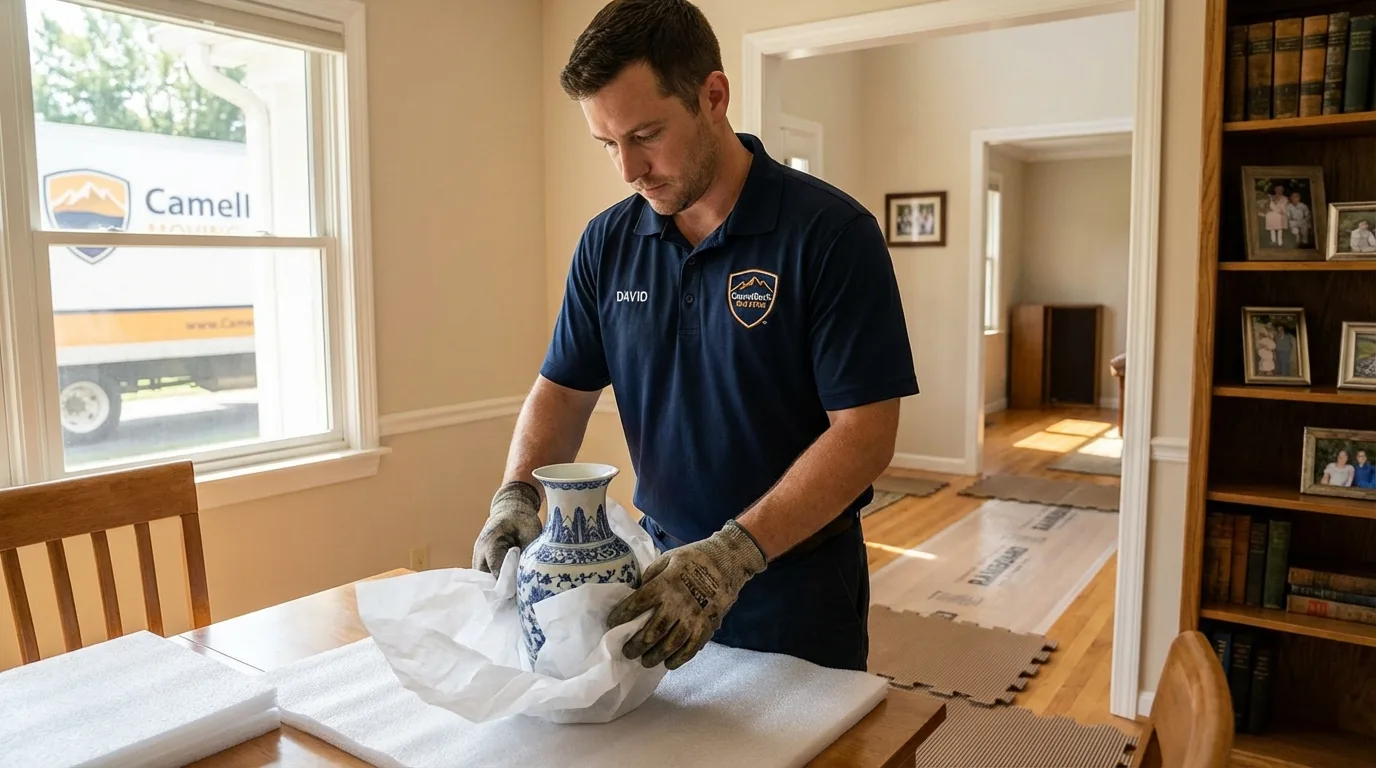 Professional crew carefully wrapping antique vase for senior downsizing move in Anchor Point, AK